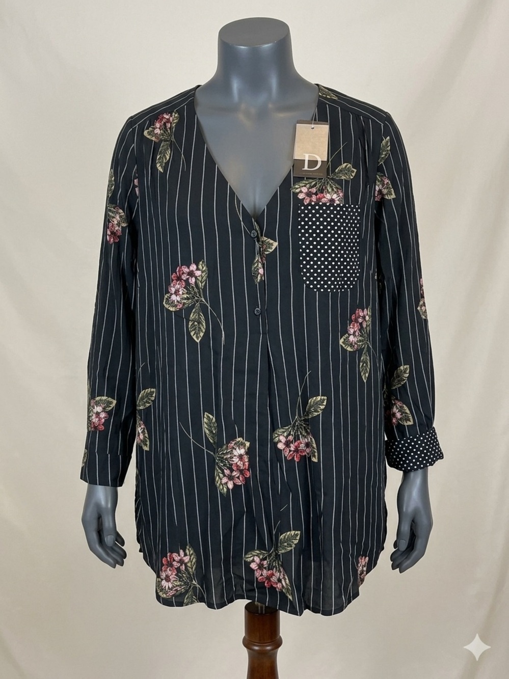 Fred David Black Pinstripe Floral V-Neck Tunic 1X